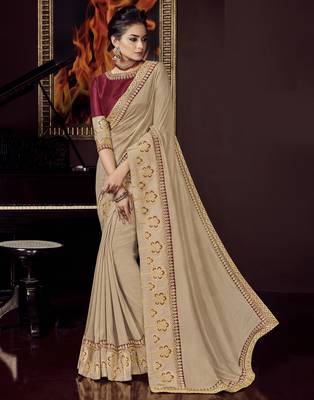 Beige embroidered silk blend saree with blouse 1