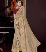 Beige embroidered silk blend saree with blouse