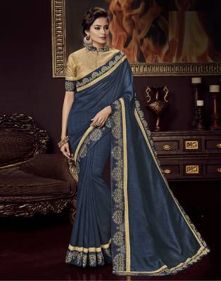 Blue embroidered silk blend saree with blouse 1