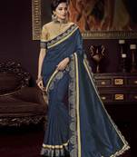 Blue embroidered silk blend saree with blouse