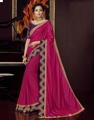 Pink embroidered silk blend saree with blouse 1