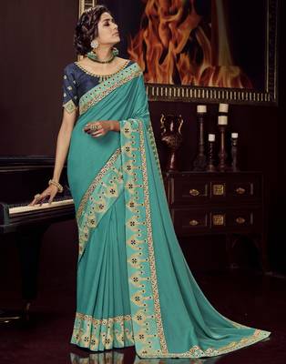 Sky blue embroidered silk blend saree with blouse 1