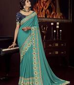 Sky blue embroidered silk blend saree with blouse