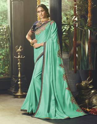 Sea green embroidered satin saree with blouse 1