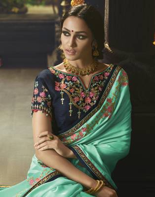 Sea green embroidered satin saree with blouse 2