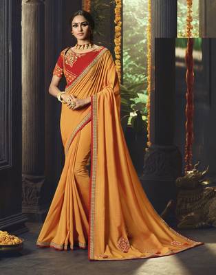 Orange embroidered silk cotton saree with blouse 1