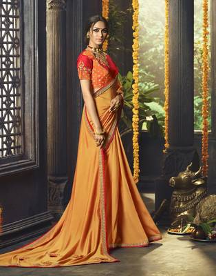 Orange embroidered silk cotton saree with blouse 2