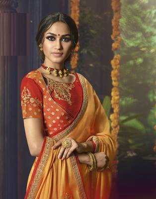 Orange embroidered silk cotton saree with blouse 3