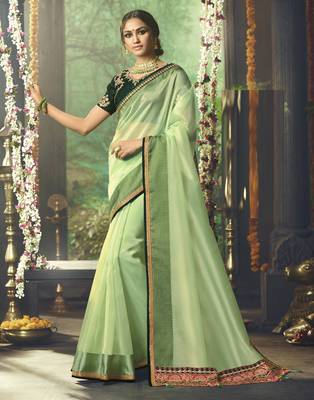 Green embroidered organza saree with blouse 1