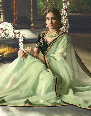 Green embroidered organza saree with blouse 3