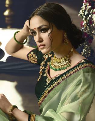 Green embroidered organza saree with blouse 4