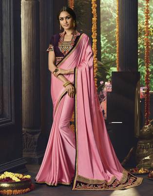 Pink embroidered silk blend saree with blouse 1