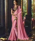 Pink embroidered silk blend saree with blouse