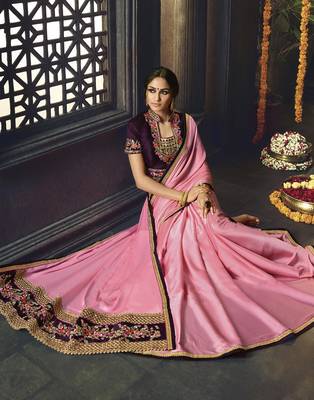 Pink embroidered silk blend saree with blouse 2
