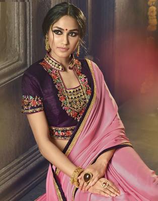 Pink embroidered silk blend saree with blouse 3