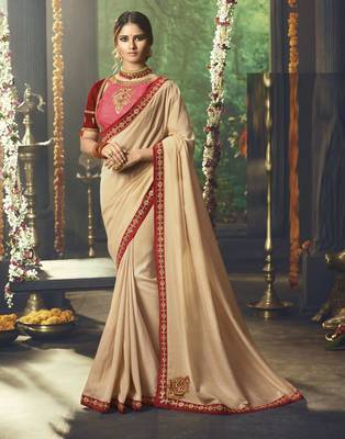 Cream embroidered silk blend saree with blouse 1