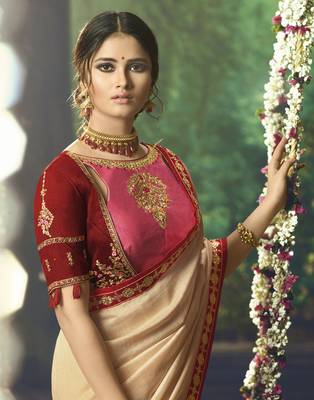 Cream embroidered silk blend saree with blouse 2