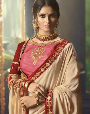 Cream embroidered silk blend saree with blouse 4