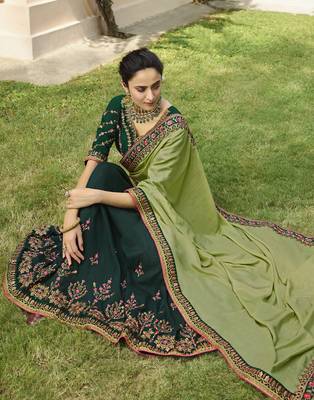 Green embroidered silk blend saree with blouse 2