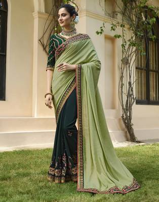Green embroidered silk blend saree with blouse 3
