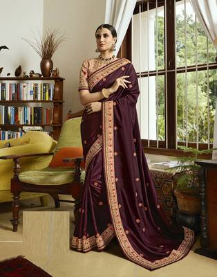 Wine embroidered silk blend saree with blouse 1