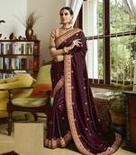 Wine embroidered silk blend saree with blouse