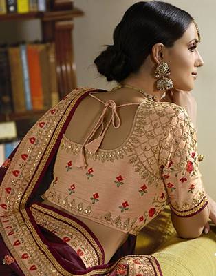 Wine embroidered silk blend saree with blouse 2