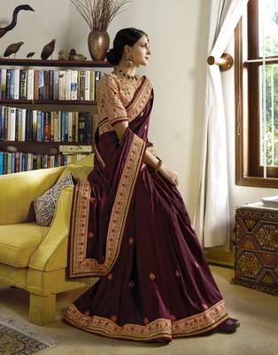 Wine embroidered silk blend saree with blouse 3