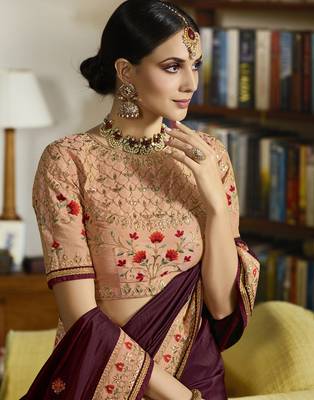Wine embroidered silk blend saree with blouse 4
