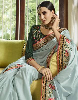 Light green embroidered silk blend saree with blouse 3