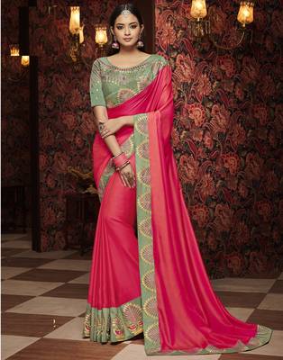 Pink embroidered silk blend saree with blouse 1