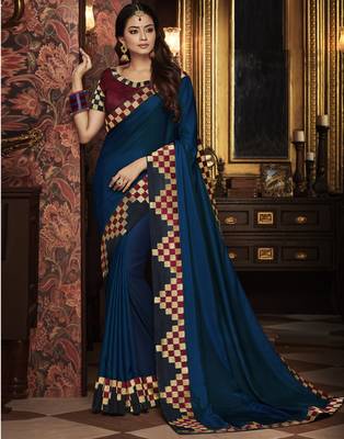 Blue embroidered silk blend saree with blouse 1