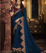 Blue embroidered silk blend saree with blouse