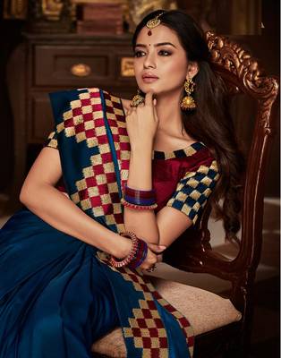Blue embroidered silk blend saree with blouse 2