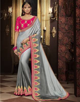 Grey embroidered silk blend saree with blouse 1