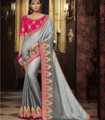 Grey embroidered silk blend saree with blouse