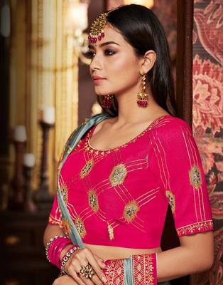 Grey embroidered silk blend saree with blouse 2