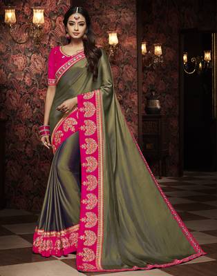 Green embroidered silk blend saree with blouse 1