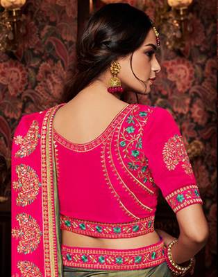 Green embroidered silk blend saree with blouse 2