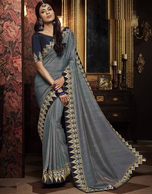 Grey embroidered silk blend saree with blouse 1