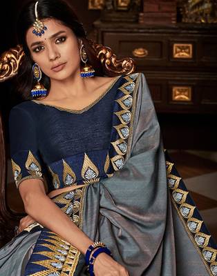 Grey embroidered silk blend saree with blouse 2