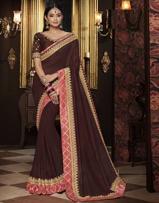 Brown embroidered silk blend saree with blouse 1