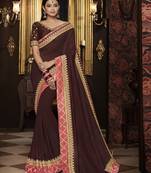Brown embroidered silk blend saree with blouse