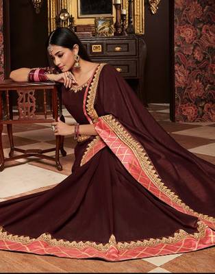 Brown embroidered silk blend saree with blouse 2