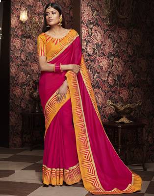 Pink embroidered silk blend saree with blouse 1