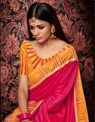 Pink embroidered silk blend saree with blouse 2