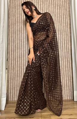 Chocolate Black colored Sequins Embroidered Georgette Fabric Party wear Saree 1