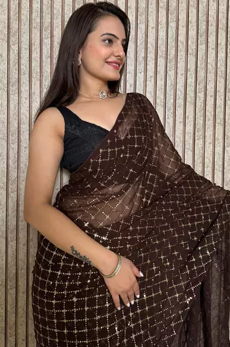 Chocolate Black colored Sequins Embroidered Georgette Fabric Party wear Saree
