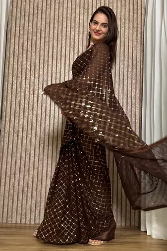 Chocolate Black colored Sequins Embroidered Georgette Fabric Party wear Saree