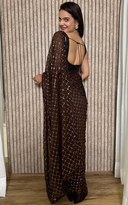 Chocolate Black colored Sequins Embroidered Georgette Fabric Party wear Saree 4